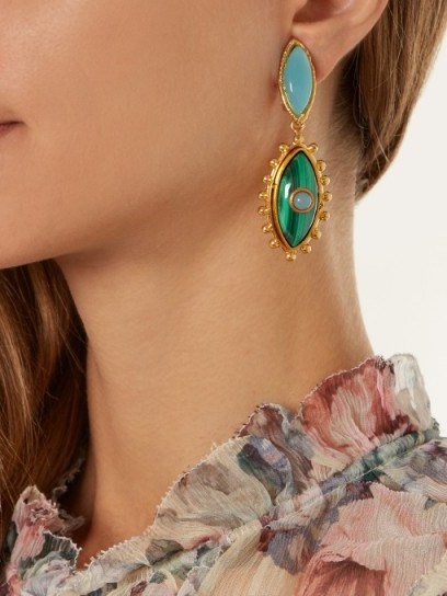 SYLVIA TOLEDANO Evil Eye gold-plated clip-on drop earrings ~ blue and green stone statement jewellery - flipped