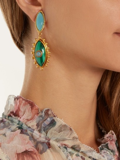 SYLVIA TOLEDANO Evil Eye gold-plated clip-on drop earrings ~ blue and green stone statement jewellery