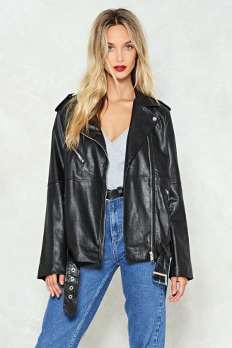 Nasty Gal Eye of the Tiger Vegan Leather Moto Jacket – black oversized longline biker jackets