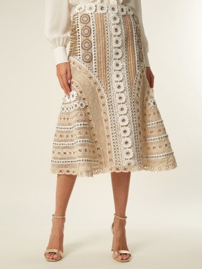 JONATHAN SIMKHAI Eyelet-embellished macramé-lace skirt ~ neutral tone textured skirts - flipped