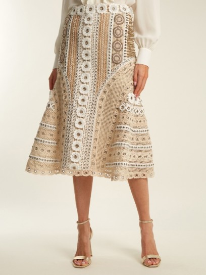 JONATHAN SIMKHAI Eyelet-embellished macramé-lace skirt ~ neutral tone textured skirts