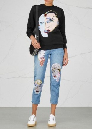 KATYA DOBRYAKOVA Faces appliquéd cotton blend sweatshirt | black applique sweatshirts - flipped