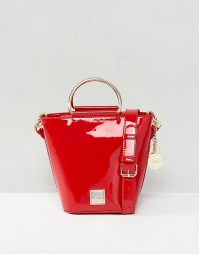 Faith Metal Handle Cross Body Bag / glossy red faux leather bucket bags - flipped