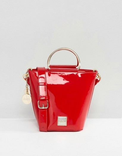 Faith Metal Handle Cross Body Bag / glossy red faux leather bucket bags