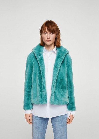 Mango Faux fur hooded coat / fluffy aqua-green coats - flipped