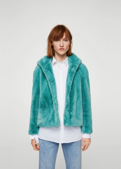 Mango Faux fur hooded coat / fluffy aqua-green coats