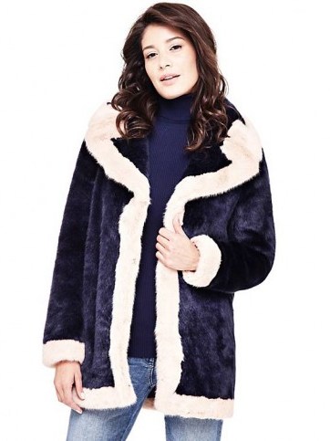 GUESS FAUX FUR JACKET WITH CONTRASTING TRIM | blue luxe style winter jackets - flipped