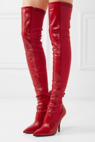 FENDI Rockoko red leather and ribbed-knit thigh boots ~ statement over the knee boots - flipped