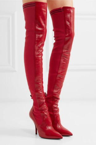 FENDI Rockoko red leather and ribbed-knit thigh boots ~ statement over the knee boots