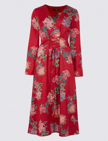 M&S LIMITED EDITION Floral Print Satin Swing Midi Dress ~ red lace up front dresses ~ marks and spencer fashion - flipped