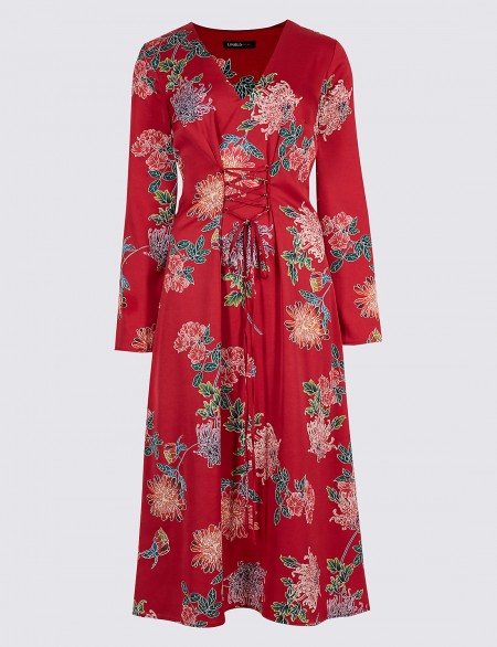 M&S LIMITED EDITION Floral Print Satin Swing Midi Dress ~ red lace up front dresses ~ marks and spencer fashion