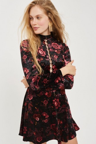 TOPSHOP Floral Velvet Skater Dress – back lace up party dresses – fit and flare