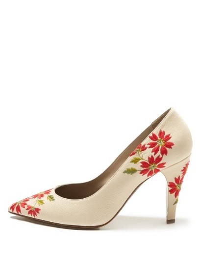 LOEWE Floral-embroidered leather pumps ~ white courts ~ red flowers - flipped