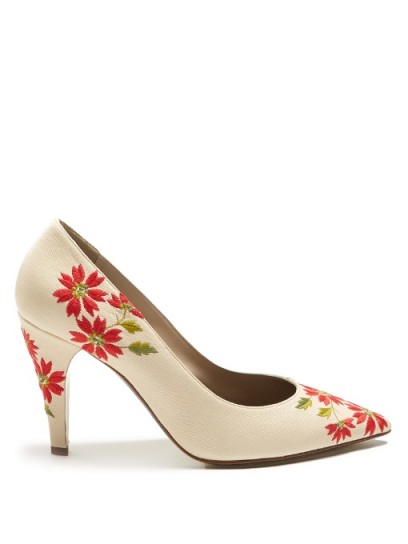 LOEWE Floral-embroidered leather pumps ~ white courts ~ red flowers