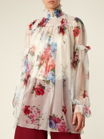 DOLCE & GABBANA Floral-print smocked-yoke silk-chiffon top ~ sheer high neck blouses ~ beautiful Italian fashion - flipped