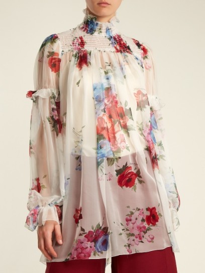 DOLCE & GABBANA Floral-print smocked-yoke silk-chiffon top ~ sheer high neck blouses ~ beautiful Italian fashion