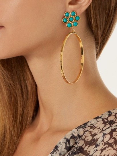 SYLVIA TOLEDANO Flower gold-plated clip-on hoop earrings ~ turquoise stone jewellery ~ statements hoops - flipped