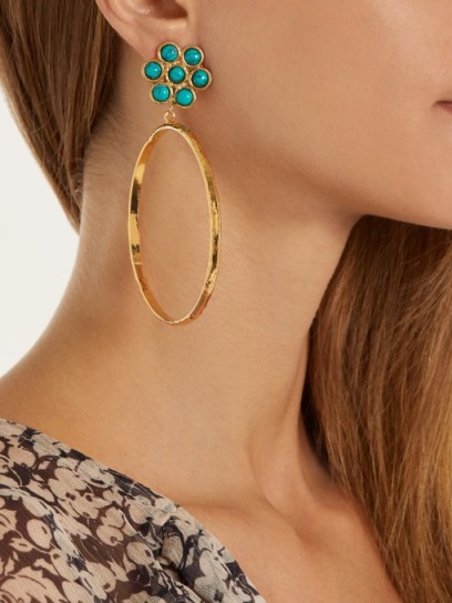SYLVIA TOLEDANO Flower gold-plated clip-on hoop earrings ~ turquoise stone jewellery ~ statements hoops