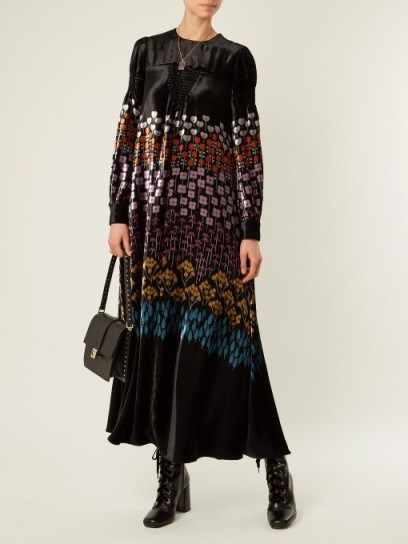 VALENTINO Flower Stem-print velvet gown ~ luxury black floral dresses - flipped