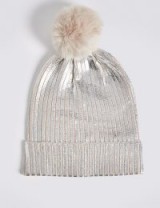 M&S COLLECTION Foil Knit Pom Winter Hat / metallic silver knitted pom pom hats / winter accessories