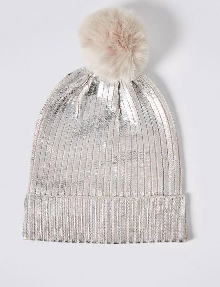 M&S COLLECTION Foil Knit Pom Winter Hat / metallic silver knitted pom pom hats / winter accessories - flipped