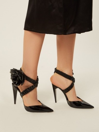 SAINT LAURENT Freja wraparound patent-leather pumps ~ black strappy rose embellished high heels - flipped