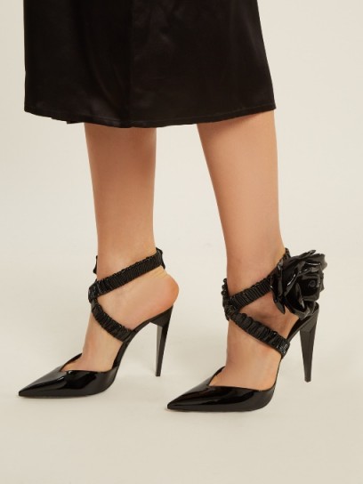 SAINT LAURENT Freja wraparound patent-leather pumps ~ black strappy rose embellished high heels