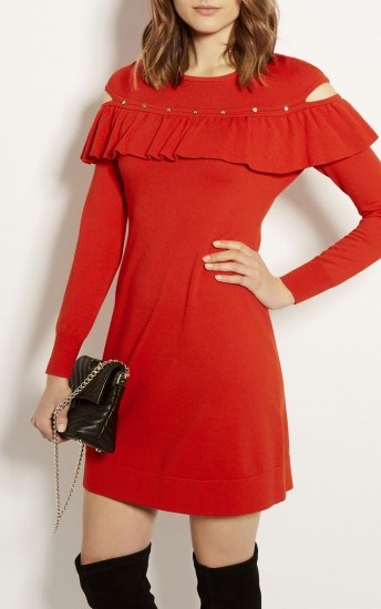 Karen Millen FRILL AND STUD KNITTED DRESS ~ red evening dresses - flipped