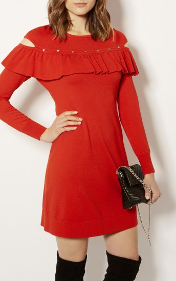 Karen Millen FRILL AND STUD KNITTED DRESS ~ red evening dresses