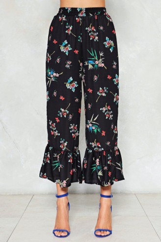 NASTY GAL Frills in the Night Ruffle Pants | cropped floral frill hem trousers