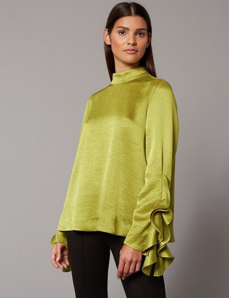 AUTOGRAPH Funnel Neck Ruffle Sleeve Blouse / chartreuse-green blouses - flipped
