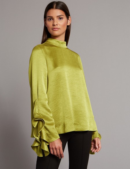 AUTOGRAPH Funnel Neck Ruffle Sleeve Blouse / chartreuse-green blouses