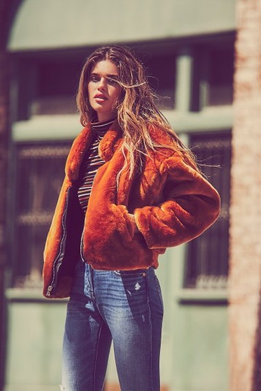 Free People Furry Bomber in Cognac - flipped