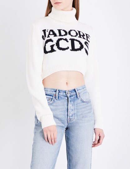GCDS J’Adore turtleneck wool-blend cropped jumper | slogan crop hem jumpers