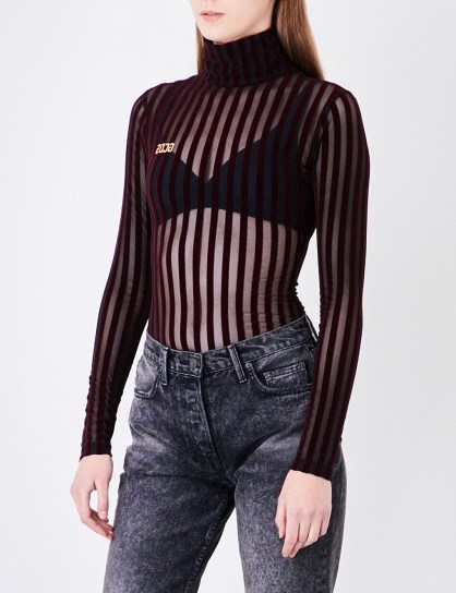 GCDS Striped velvet and mesh body | sheer high neck bodysuits - flipped