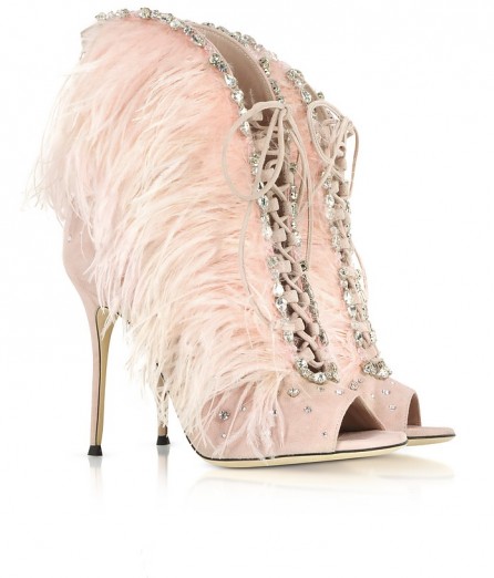 GIUSEPPE ZANOTTI Charleston Pink Suede and Feathers High Heel Sandals – luxe statement heels