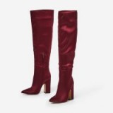 EGO Glaze Slouched Over The Knee Long Boot In Burgundy Satin | dark red slouchy boots