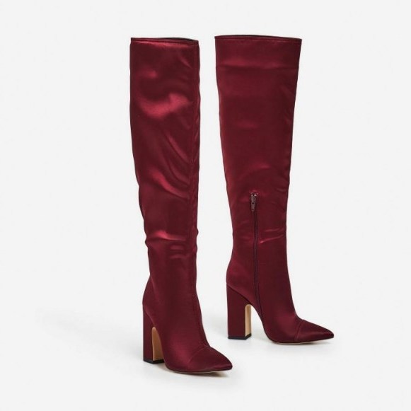EGO Glaze Slouched Over The Knee Long Boot In Burgundy Satin | dark red slouchy boots - flipped