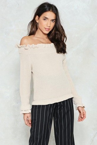 NASTY GAL Go for Knit Ribbed Sweater | beige ruffled bardot sweaters - flipped