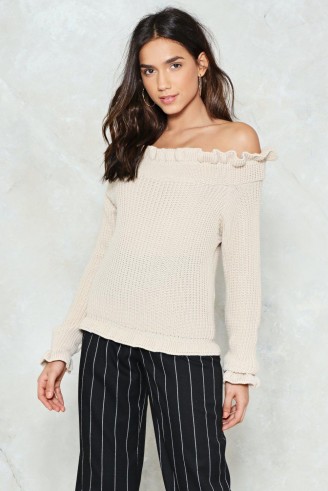 NASTY GAL Go for Knit Ribbed Sweater | beige ruffled bardot sweaters