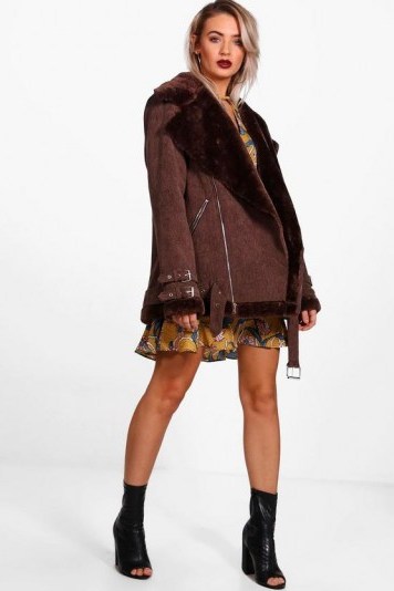 boohoo Grace Cord Aviator Jacket | chocolate-brown faux fur lined jackets - flipped