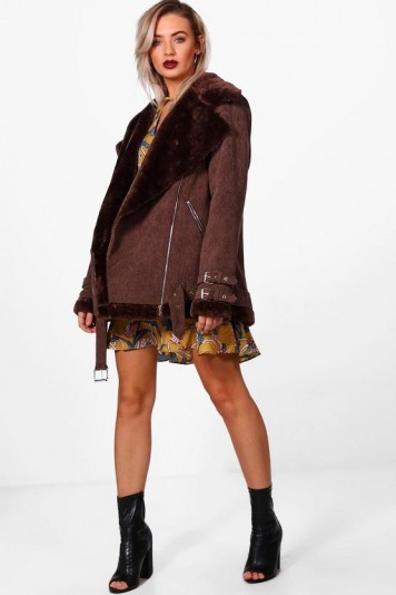 boohoo Grace Cord Aviator Jacket | chocolate-brown faux fur lined jackets