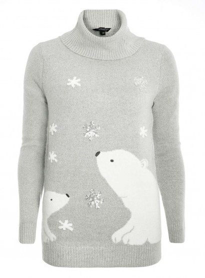 Dorothy Perkins Grey Polar Bear Roll Neck Jumper – sweet animal print jumpers – winter knitwear - flipped