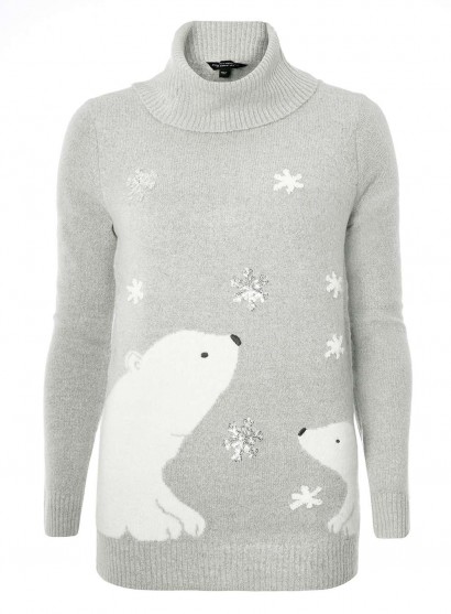 Dorothy Perkins Grey Polar Bear Roll Neck Jumper – sweet animal print jumpers – winter knitwear
