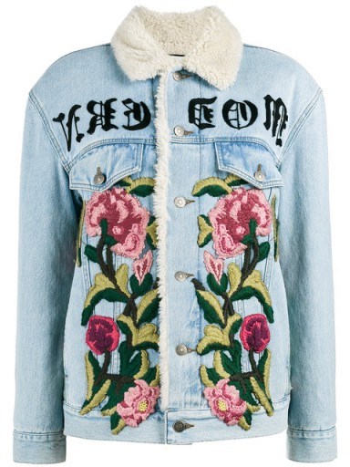 GUCCI embroidered shearling denim jacket / floral embroidery / ‘MODERN’ slogan jackets - flipped