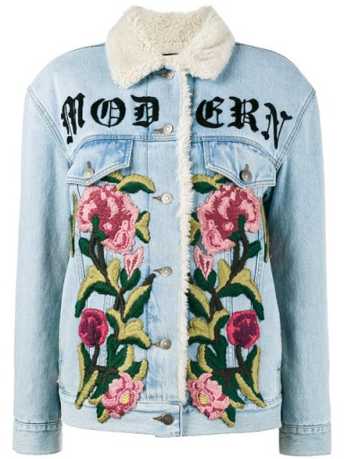 GUCCI embroidered shearling denim jacket / floral embroidery / ‘MODERN’ slogan jackets