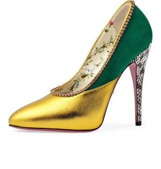 GUCCI Peachy Metallic Leather & Suede Pumps – green and gold statement courts - flipped