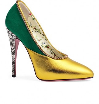 GUCCI Peachy Metallic Leather & Suede Pumps – green and gold statement courts