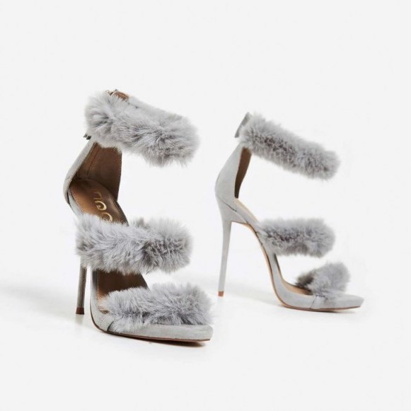 EGO Hadea Fluffy Heel In Grey Faux Suede | furry heels - flipped
