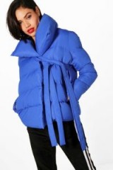 boohoo Hanna Oversized Collar Padded Tie Front Coat | stylish cobalt-blue winter coats
